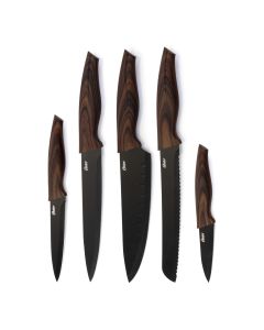 Oster Godfrey 5 Piece Stainless Steel Black Cutlery Set with Wood Print Handles