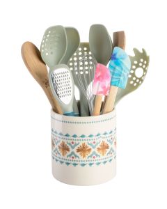 Spice by Tia Mowry Savory Saffron 12 Piece Wood and Nylon Kitchen Tool Set with Ceramic Crock