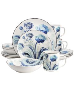Elama Peony Garden 16 Piece Floral Design Round Porcelain Dinnerware Set in Blue