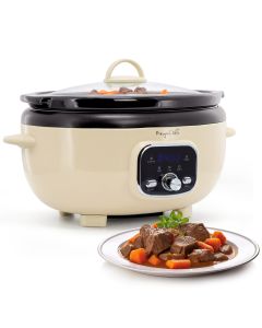 MegaChef 6.9 Quart Oval Electric Digital Slow Cooker in Cream with Black Pot