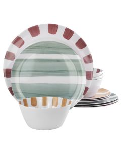 Gibson Home Cottage Stripes 12 Piece Melamine Dinnerware Set in White and Multi