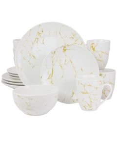 Elama Fine Marble 16 Piece Stoneware Dinnerware Set in Gold and White