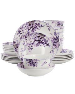 Elama Traditional Purple Rose 24 Piece Porcelain Double Bowl Dinnerware Set