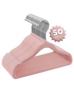 Elama Home 50 Piece Kids Non-Slip Velvet Cloths Hangers with Notched Shoulders in Pink
