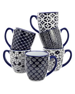 Elama Flyn 6 Piece 16 Ounce Assorted Design Stoneware Mug Set in Navy Blue and White