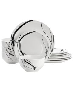 Elama Sarah 12 Piece Porcelain Black Ribbon Dinnerware Set, Service for 4 in White and Black
