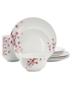 Elama Tamara 12 Piece Cherry Blossom Porcelain Dinnerware Set, Service for 4 in White and Pink