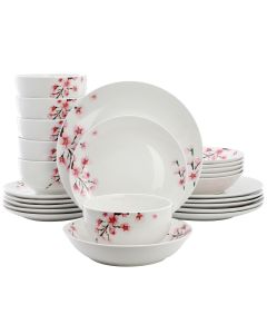Elama Tamara 24 Piece Cherry Blossom Porcelain Double Bowl Dinnerware Set, Service for 6 in White and Pink