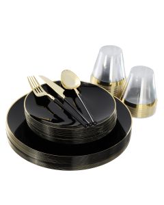 Elama 150 Piece Disposable Plastic Dinnerware Party Set for 25 Guests in Black with Gold Trim