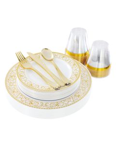 Elama 150 Piece Disposable Plastic Dinnerware Party Set for 25 Guests in White with Gold Decal Trim