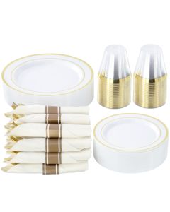 Elama 350 Piece Disposable Plastic Dinnerware Party Set for 50 Guests in White with Gold Trim