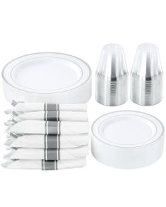 Elama 350 Piece Disposable Plastic Dinnerware Party Set for 50 Guests in White with Silver Trim