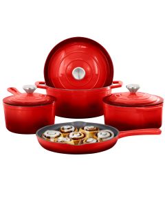 MegaChef 7 Piece Enameled Cast Iron Cookware Set in Red