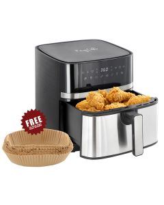 MegaChef 8.5 Quart Bundle Electric Air Fryer in Black and Stainless Steel with 125 Piece Paper Liners